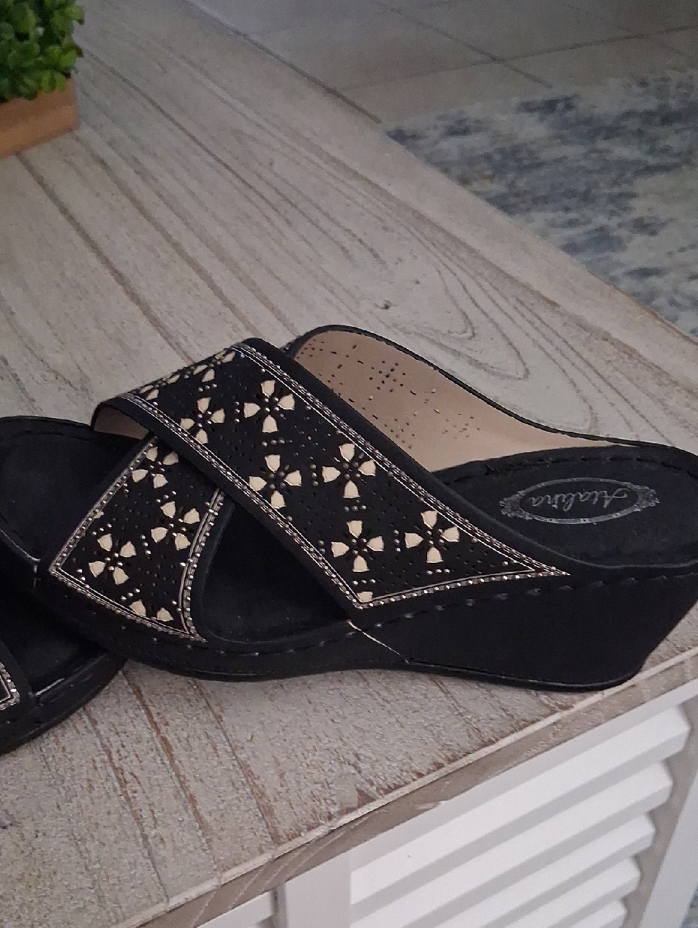 Atalina Black and Cream Crisscross Wedge Sandals - Picture 6 of 9